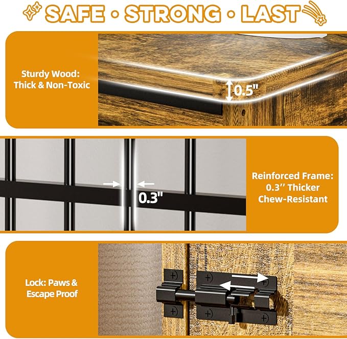 78" Double Dog Crate Furniture with Divider, Thick Wooden Indoor Dog Kennel Furniture with Swivel Bowls for 2 Dogs, Decorative Pet Cage End Table with Wheels for Extra Large Breed, Rustic Brown