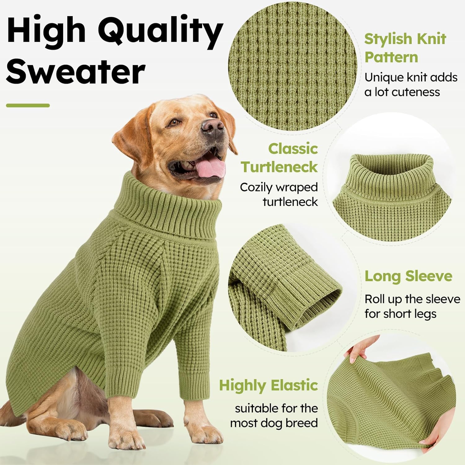 Queenmore Waffle Knit Small Dog Sweater, Long Sleeve Doggie Fall Sweater, Turtleneck Sweaters for Small Breeds, Samll Puppy Sweaters, Green S