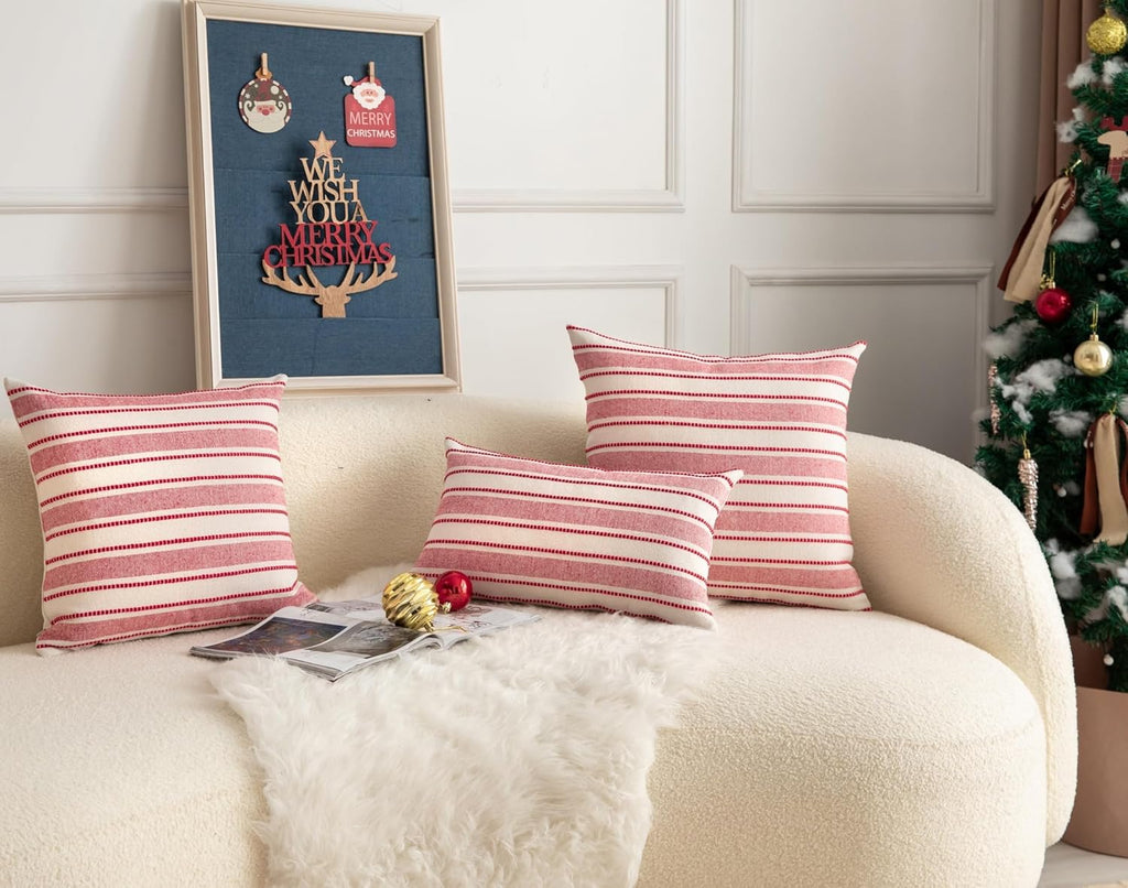 Christmas Pillow Covers, Boho Textured Red Pillow Case, Pillow Covers 12 x 20 Inch Set of 2 Christmas Decorative, Chair Sofa Bedroom Living Room Home Holiday Decor Cushion Case