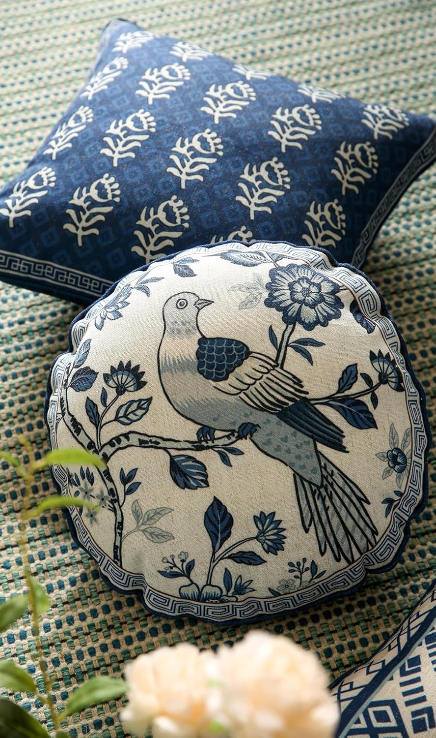 Chinoiserie Throw Pillow Covers,Classic Blue and White with Birds Pattern Linen Pillowcases,Decorative Round Cushion Covers for Couch Bed Car,Diameter 16"