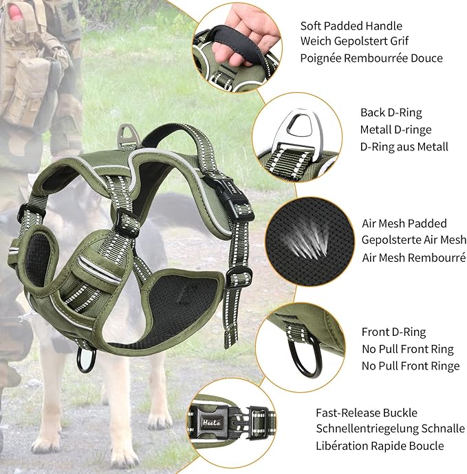 HEELE Dog Harness, Dog Harness for Small Medium Large Dogs No Pull Adjustable Padded Reflective Harness with Handle for Walking Training, Green, XS