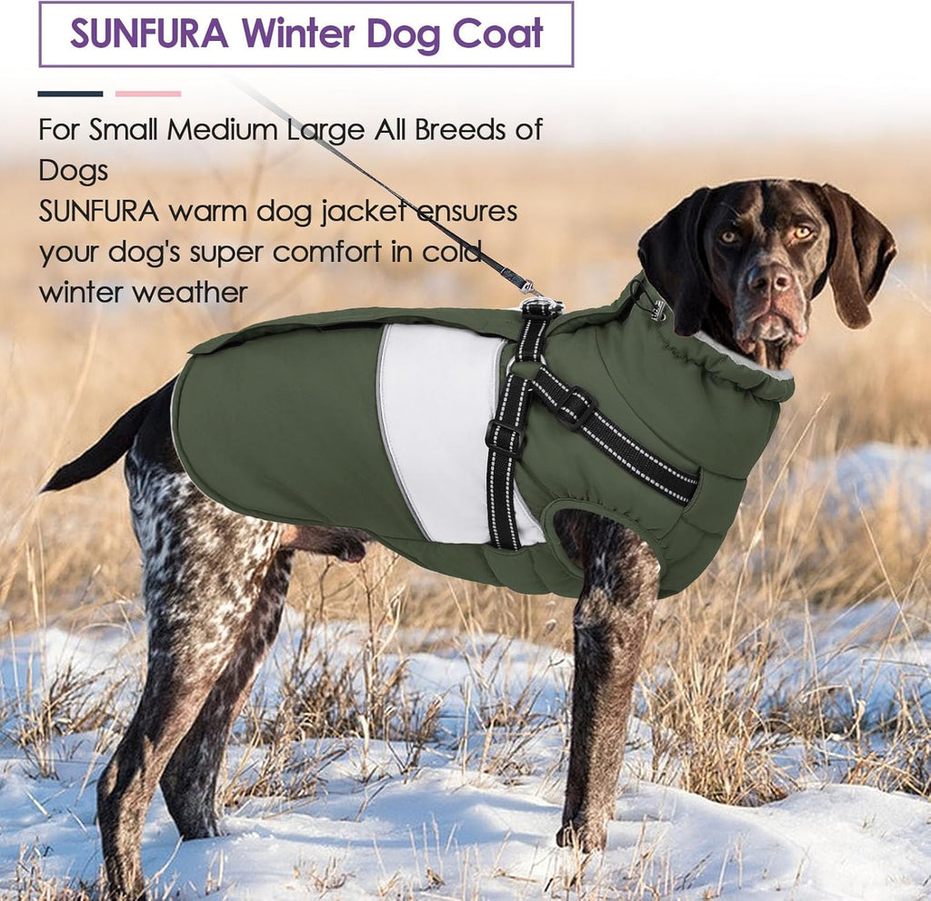 SUNFURA Dog Winter Coat, Waterproof Dog Coat Jacket with Harness for Medium Dogs Boys Girls, Reflective Fleece Lined Pet Snow Jacket Sweaters for Pug, Jack Russel, Boston Terrier, Army Green M