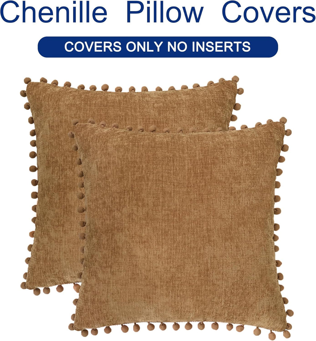 CaliTime Throw Pillow Covers Decorative 22 X 22 Inches Pack of 2 Cozy Solid Dyed Soft Chenille Cushion Cases with Pom Poms for Couch Sofa Bed Living Room Home Apricot Brown