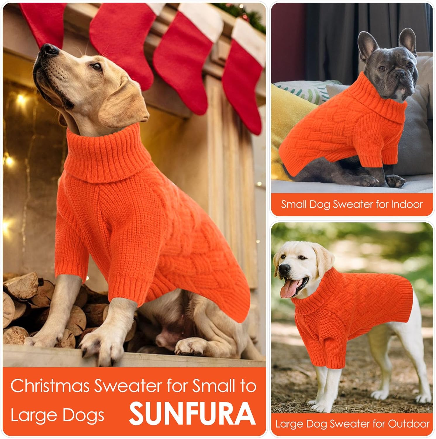 SUNFURA Dog Sweater, Medium Dog Sweaters Doggie Pullover for Fall Winter, Fleece Pet Christmas Sweaters for Holiday, Warm Turtleneck Knitwear for French Bulldog, Boston Terrier, Orange M