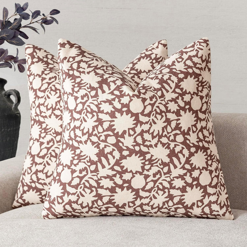 Foindtower Set of 2 Decorative Neutral Floral Throw Pillow Covers Accent Farmhouse Cushion Covers Boho Vintage Pillowcase for Couch Sofa Bedroom Living Room Home Decor,18×18 Inch,Wine Red
