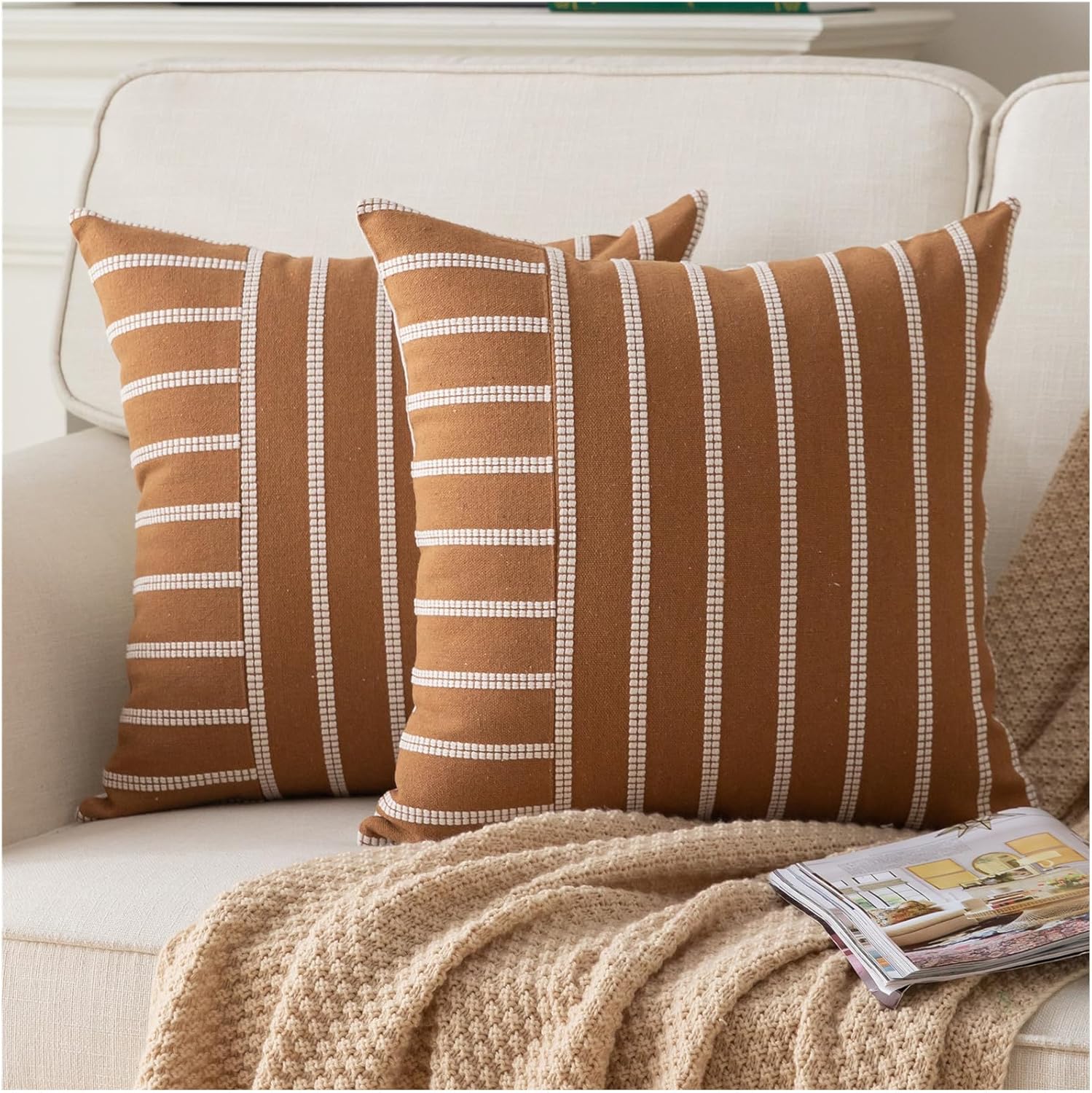 Caflife Boho Throw Pillow Covers 18x18 Set of 2 Soft Farmhouse Decorative Couch Pillow Cases Brown Striped Pillow Covers Neutral Cushion Covers for Sofa Bed Living Room Home Decor