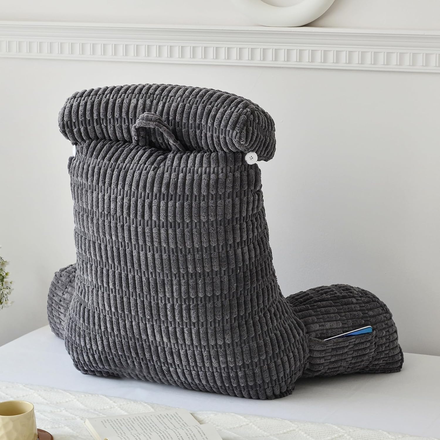 WERDIM Reading Pillow with Detachable Neck Roll, Large Back Pillow for Sitting Up in Bed Couch, Adult Bed Rest Pillow with Arms for Reading/Watching TV/Gaming, Dark Grey