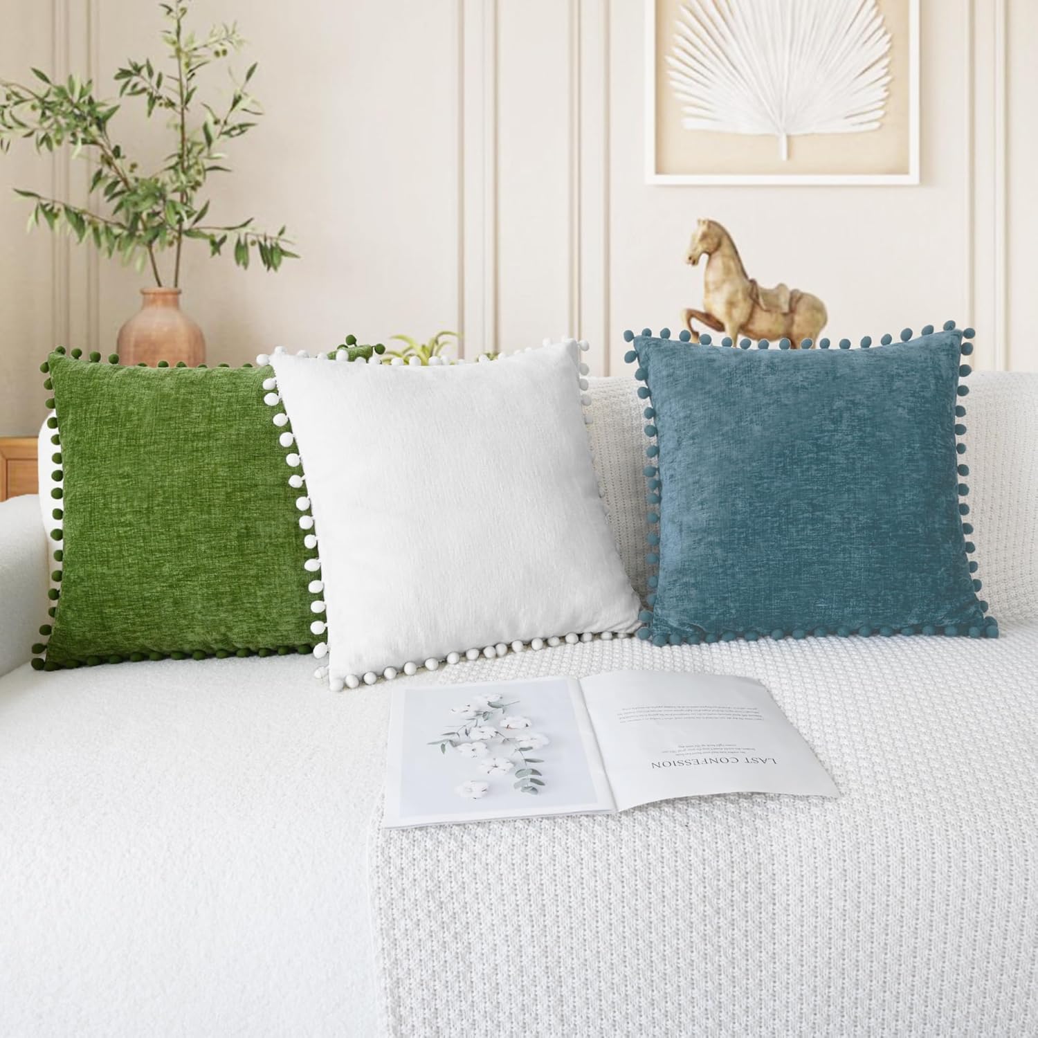 CaliTime Throw Pillow Covers Decorative 16 X 16 Inches Pack of 2 Cozy Solid Dyed Soft Chenille Cushion Cases with Pom Poms for Couch Sofa Bed Living Room Home True White