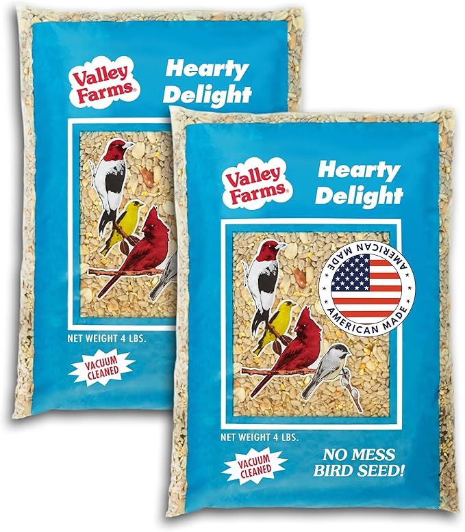 Valley Farms Hearty Delight 4 LB 2-Pack (8 LB Total) Wild Bird Food for Outside Feeders, No-Mess Wild Bird Seed with Sunflower Hearts & Peanut Kernels, No Fillers, Perfect for Outdoor Patios