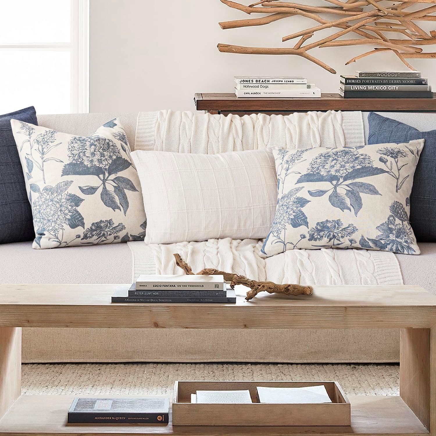 Foindtower Set of 2 Linen Floral Vintage Throw Pillow Covers Neutral Accent Print Decorative Cushion Covers Farmhouse Boho Home Decor for Sofa Chair Couch Bedroom Living Room,24×24 Inch,Blue