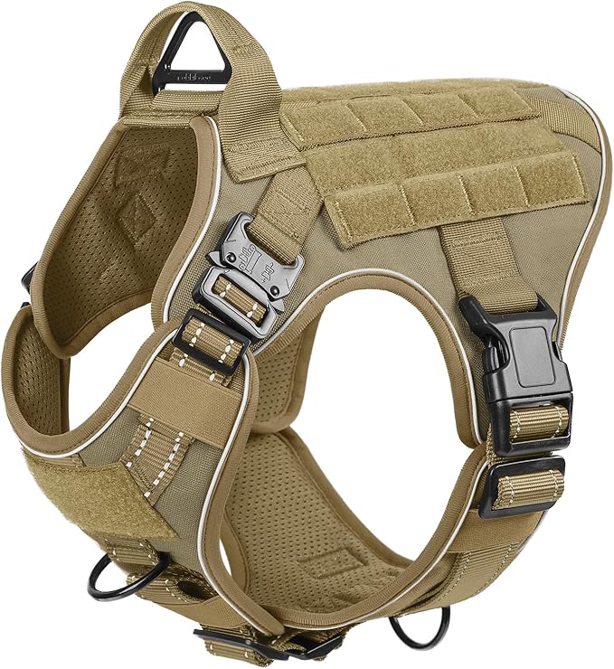 rabbitgoo Tactical Dog Harness Medium Sized, No Pull Upgraded Reflective Heavy Duty Molle Vest with Handle, Adjustable Military Service Dog Vest for Walking Hiking Training, Brown, M