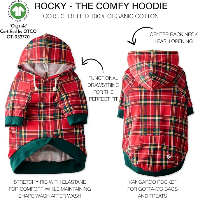 Rocky – The Orginal Lightweight Hooded TEE 100% Organic Cotton Dog Hoodie Pet Coat Sweater for Small, Medium, Large Dogs, Royal Stewart Plaid, Small