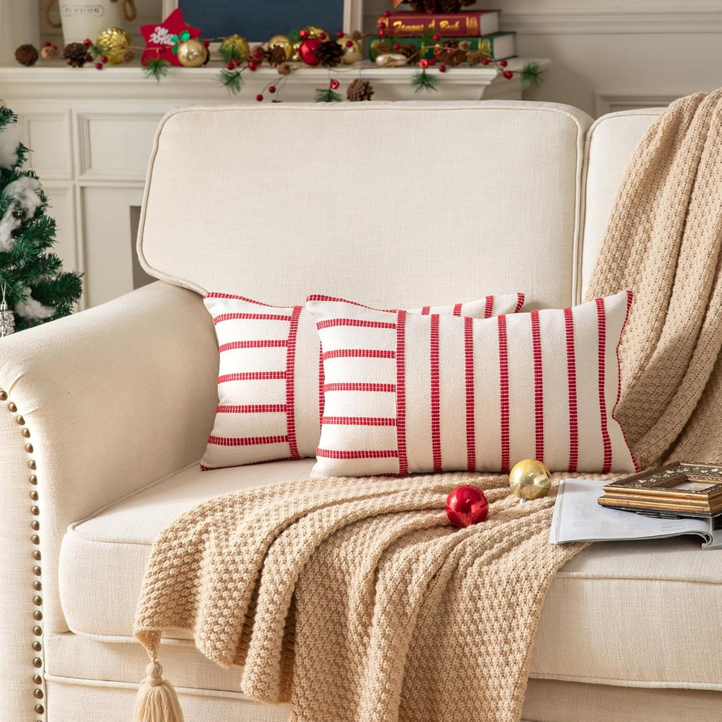 Caflife Boho Christmas Pillow Covers 12x20 Set of 2, Soft Farmhouse Decorative Sofa Pillow Cases, Holiday Red Christmas Throw Pillow Covers, Couch Bed Cushion Covers Living Room Home Decor
