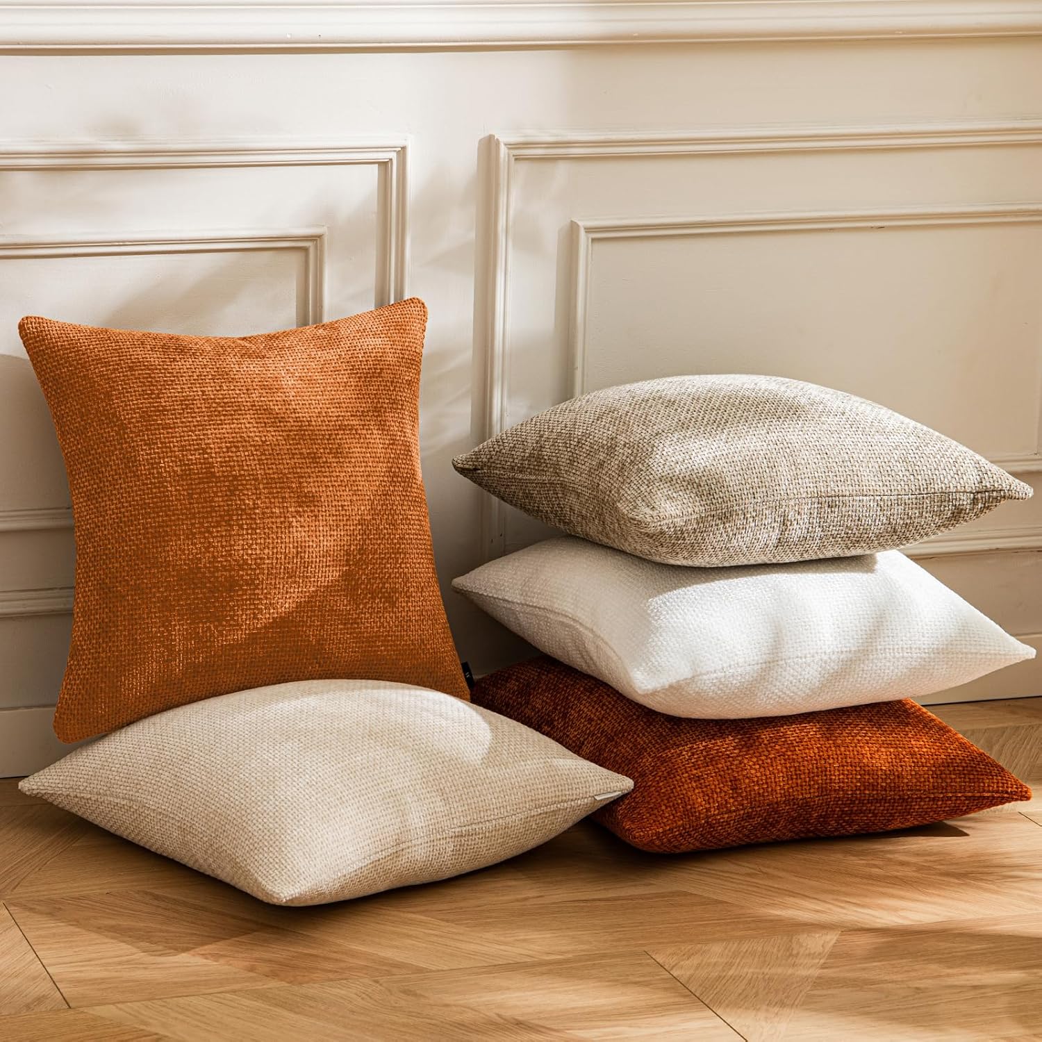 a moment Fall Orange Chenille Throw Pillow Covers 16x16 Inch Pack of 2 Modern Decorative Throw Pillow Covers Farmhouse Cross Covers Home Decor for Sofa Bedroom Living Room