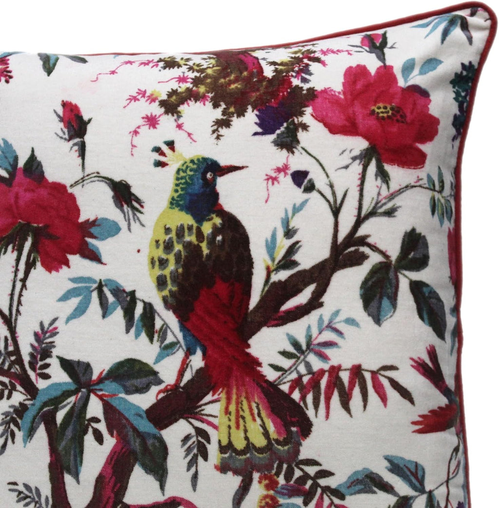 Eyes of India Velvet Floral Flower Bird Throw Pillow Sofa Cushion Cover Case Couch Colorful Boho Chic Bohemian Accent Indian Handmade (White, 24" x 24")