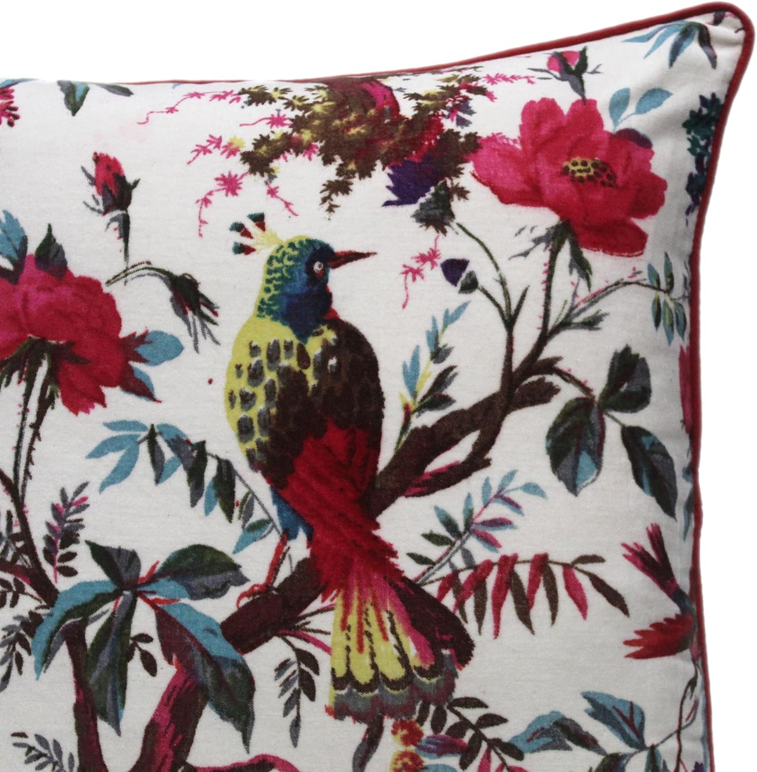 Eyes of India Velvet Floral Flower Bird Throw Pillow Sofa Cushion Cover Case Couch Colorful Boho Chic Bohemian Accent Indian Handmade (White, 24" x 24")