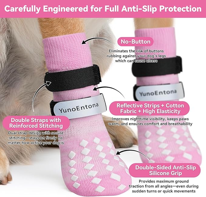 Non Slip Dog Socks to Prevent Licking Paws - for Hardwood Floors Anti Slip - Grippy Socks for Senior Dog - Double Elastic Reflective Straps Prevent Scratching for Hot Pavement. (Pink, XS)