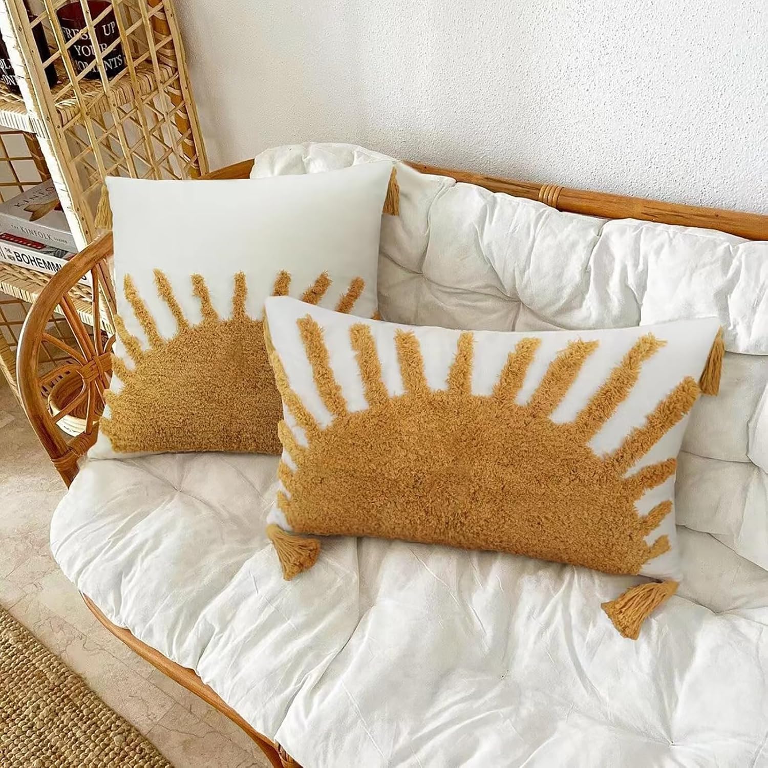 Adabana Decorative Boho Throw Pillow Covers 12x20, Lumbar Tufted Pillows Cover for Couch Bed, Sun Sunshine Pillow Cover for Kids