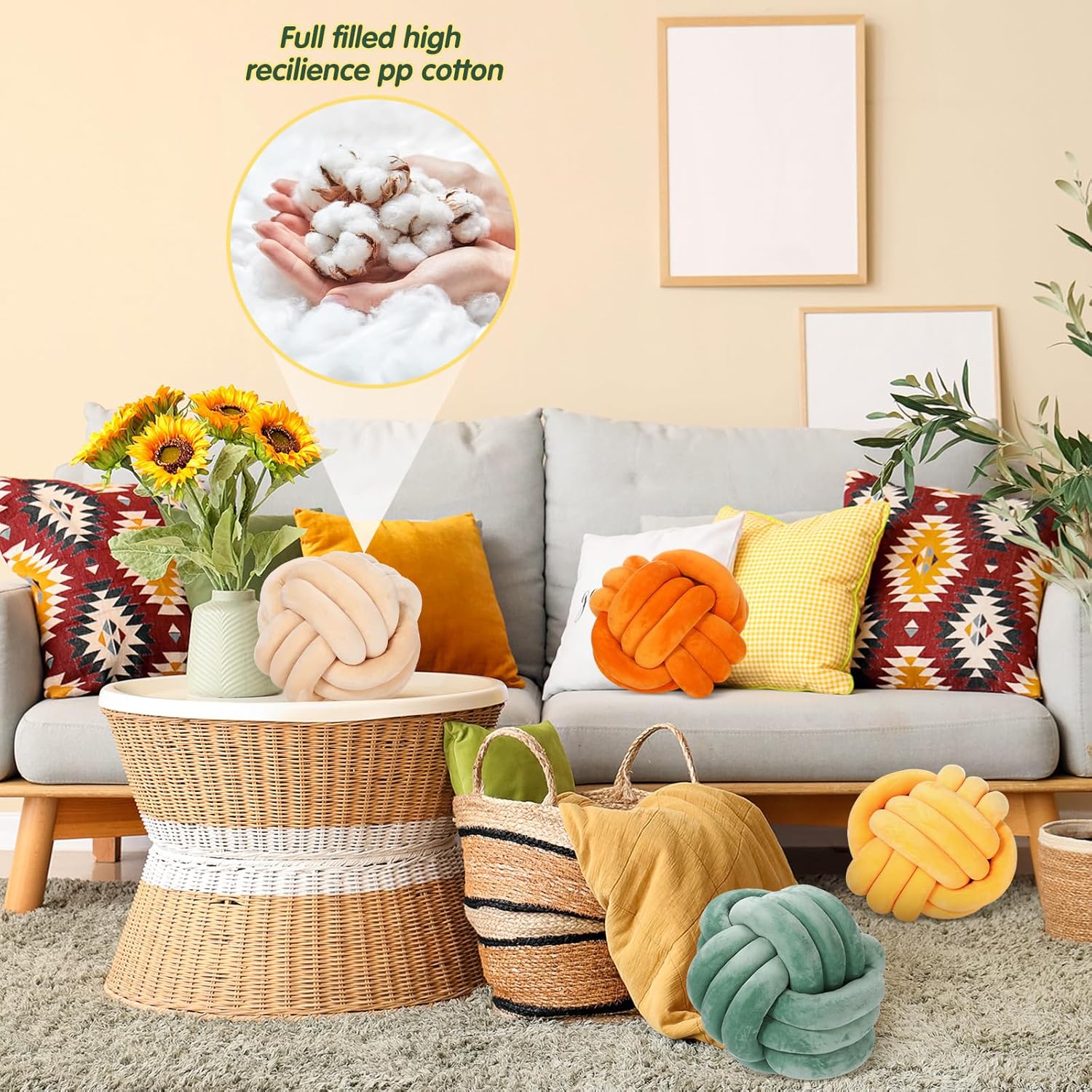 Yerliker 4 Pcs Knot Pillow Ball, 8.7 Inches Soft Home Decorative Round Throw Pillow Handmade Knotted Plush Accent Cushion Gifts for Nursery Decor Home Bed Sofa Bedroom Decoration