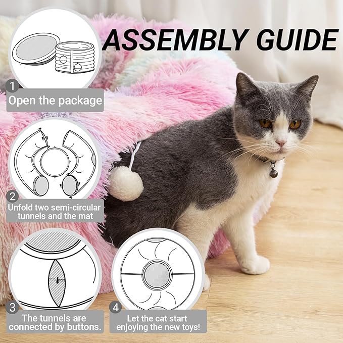 LUCKITTY Warm Fluffy Plush Cat Dog Tunnel Bed with Washable Cushion-Big Tube Playground Toys 3 FT Diameter Longer Crinkle Collapsible 3 Way, for Indoor Cat Kitty Kitten Puppy Rabbit Ferret Rainbow