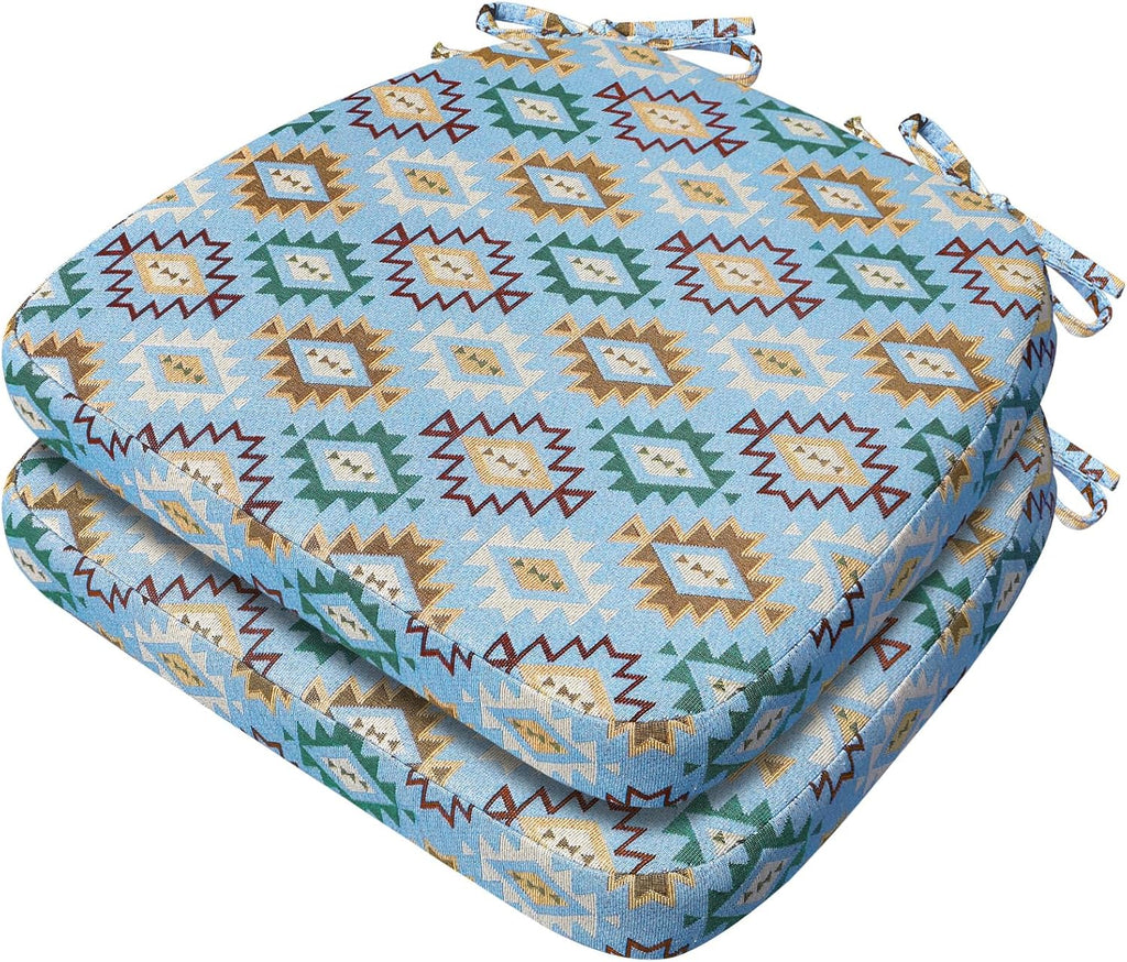 AAAAAcessories D-Shaped Chair Cushions, 2" Thick Dining Chair Pads with Ties and Removable, Machine-Washable Cover, 17" x 16", Set of 2, Geometric Blue