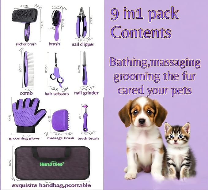 Pet Hair Grooming Tool Kit-9 Packs,Dog Cat Grooming Kit,Washing Gloves,Slicker Brush,Nail Trimming Tools,Dog Toothbrush,Comb and Grooming Scissors Set