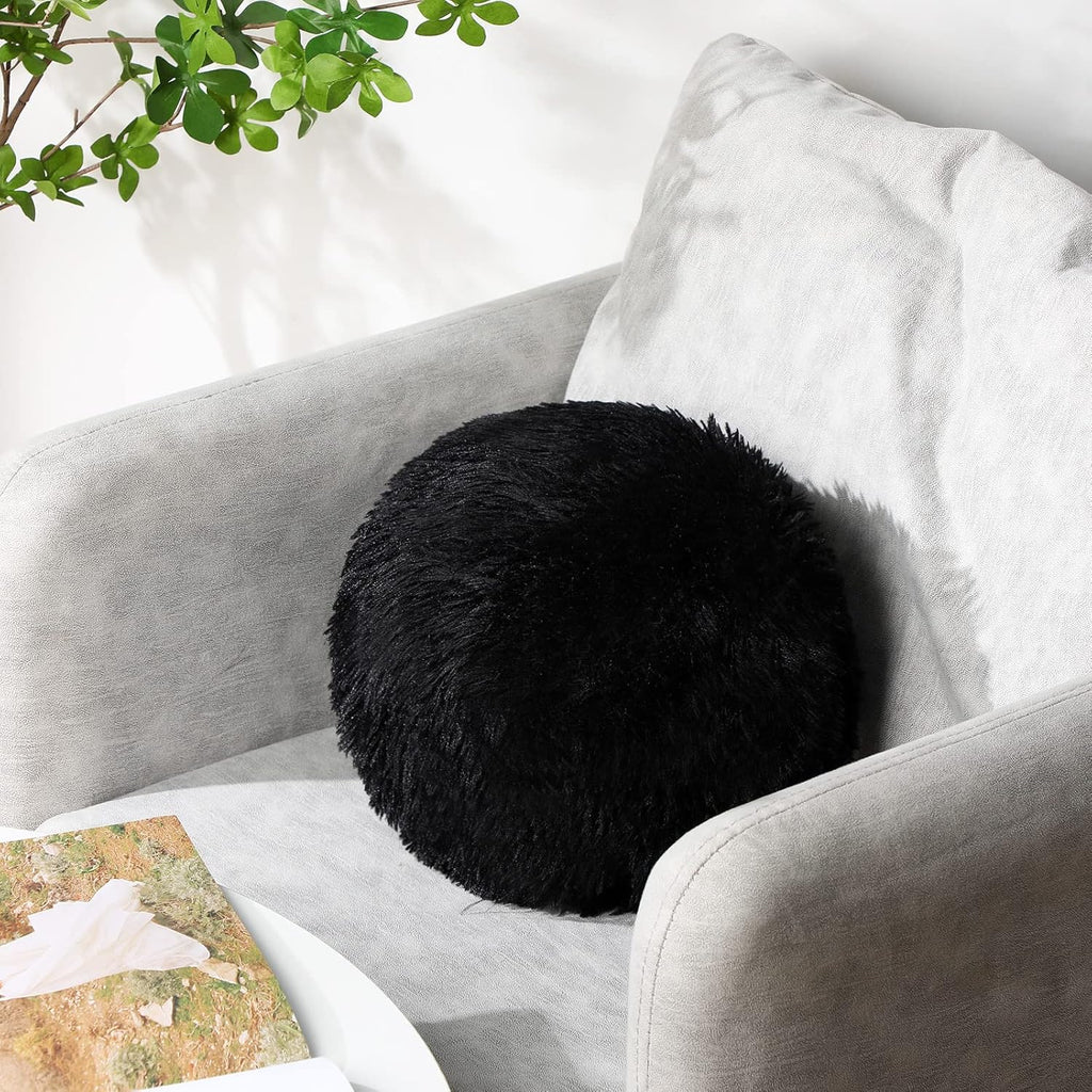 2 Pack Plush Round Ball Throw Pillow 10 Inch Nordic Soft Boucle Pillows Spherical Fuzzy Pillows Circle for Couch Sofa Bed Bedroom Living Room Office School Chair Decorations(Black)