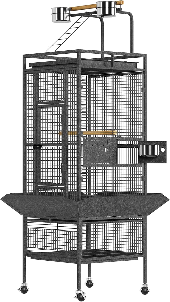 61-Inch Large Parrot Bird Cages with Rooftop Playground, Rolling Caster Wheels, Wrought Iron Birdcage for Small Medium Parrots, Macaws, Cockatoos – Indoor/Outdoor Use for Homes, Aviaries