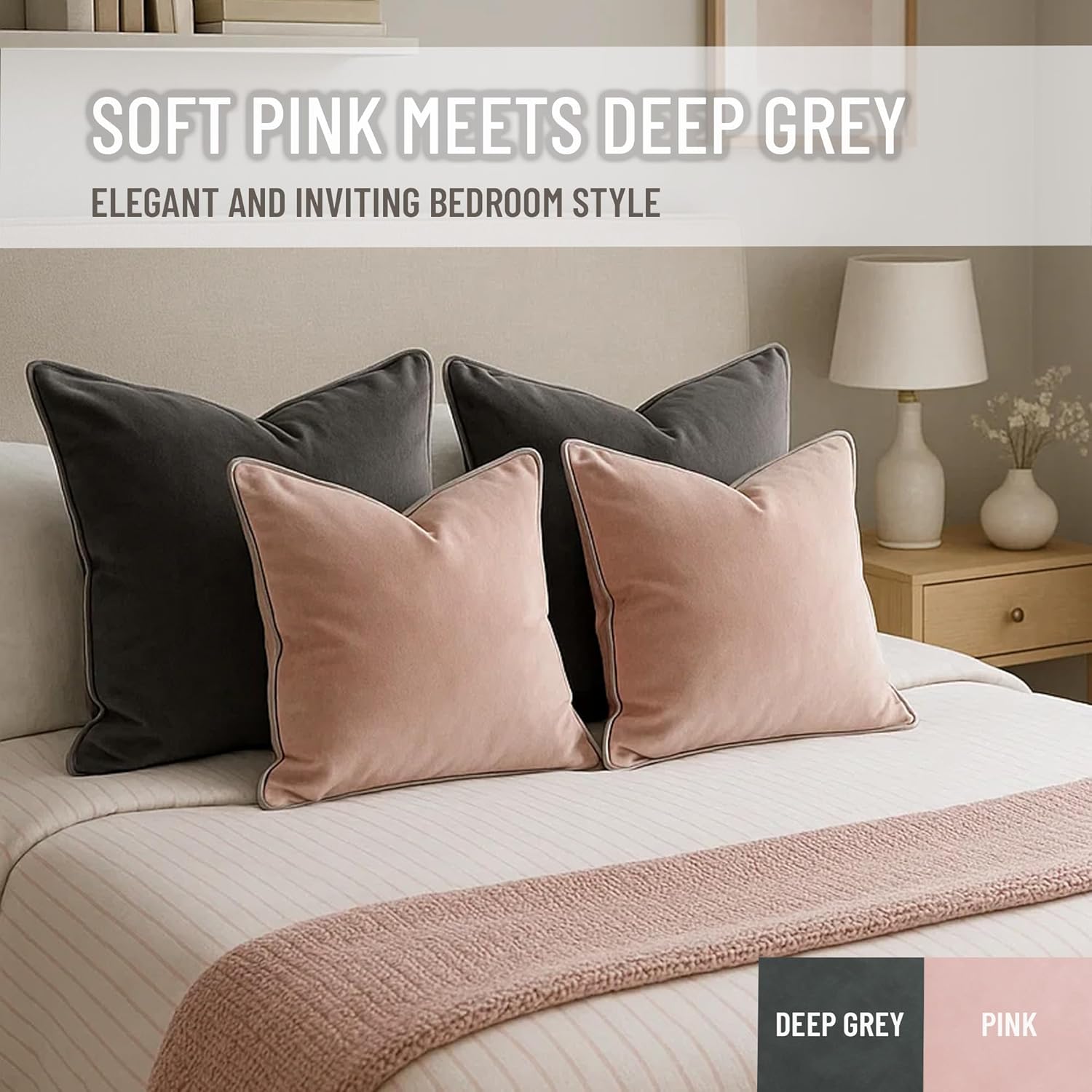 2 Pack Velvet Decorative Throw Pillow Covers, 12"x20", Pink and Grey, Solid, Modern, Contrast Piping, Indoor Use, Bedroom & Living Room