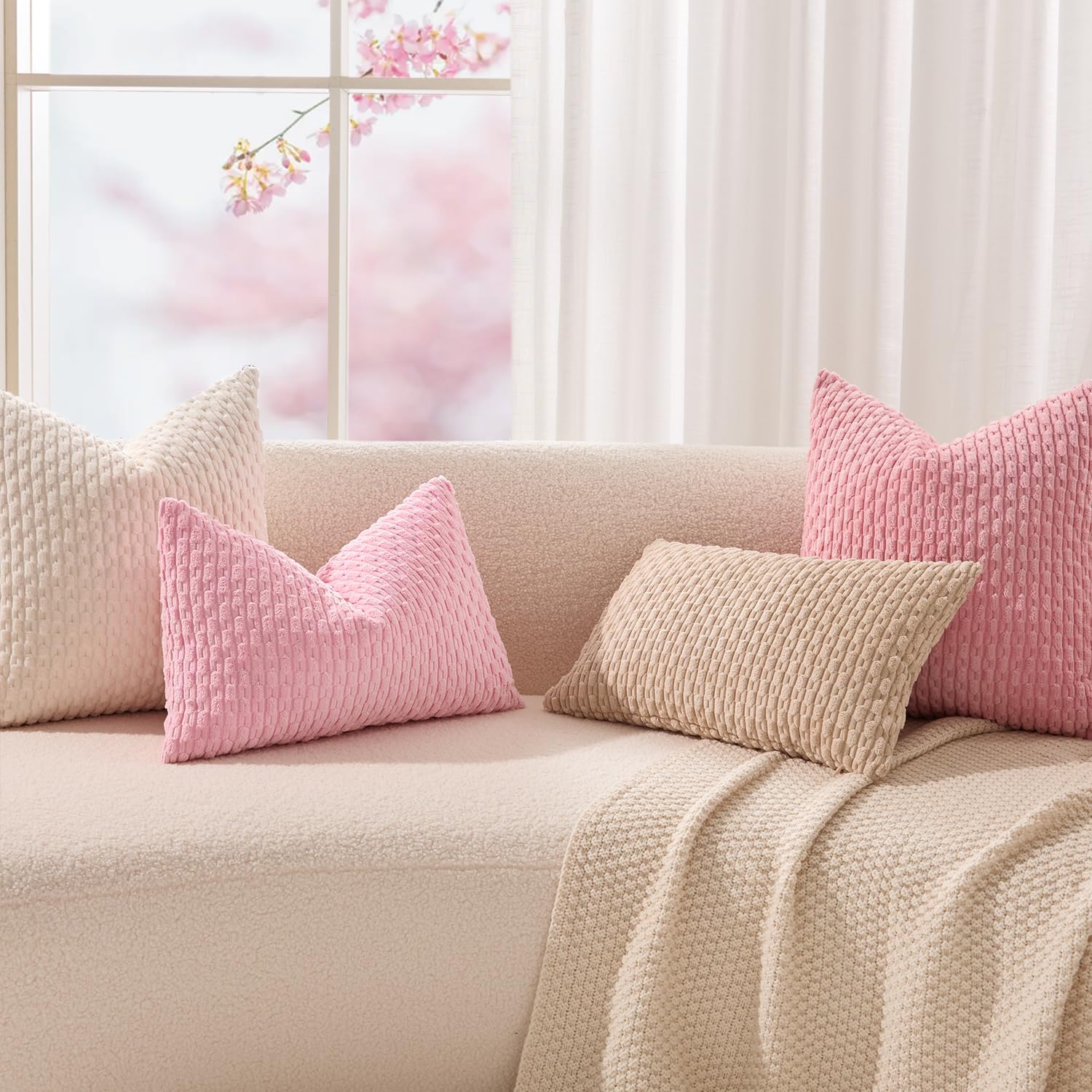 Kevin Textile Valentines Day 12x20 Inch Pillow Cover 1 Pack Boho Decorative Soft Striped Corduroy Lumbar Farmhouse Accent Rectangle Cushion Case for Living Room Couch Sofa Bed, Dark Pink