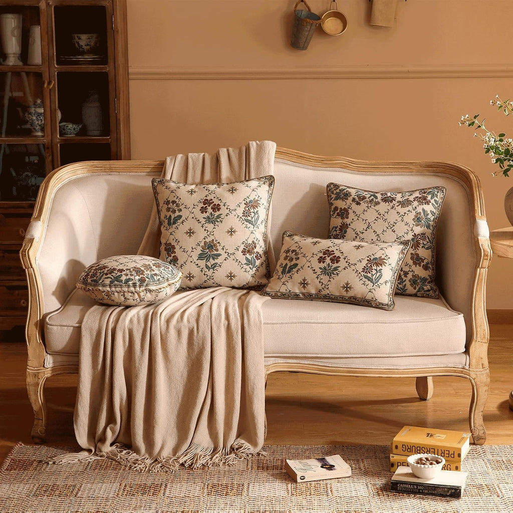 patdrea Designer Throw Pillow Covers,Square Euro Retro Style Light Brown Linen with Floral Pattern Pillow Cover,Decorative Pillowcases Cushion for Bed Living Room Outdoor Car,18"x18"