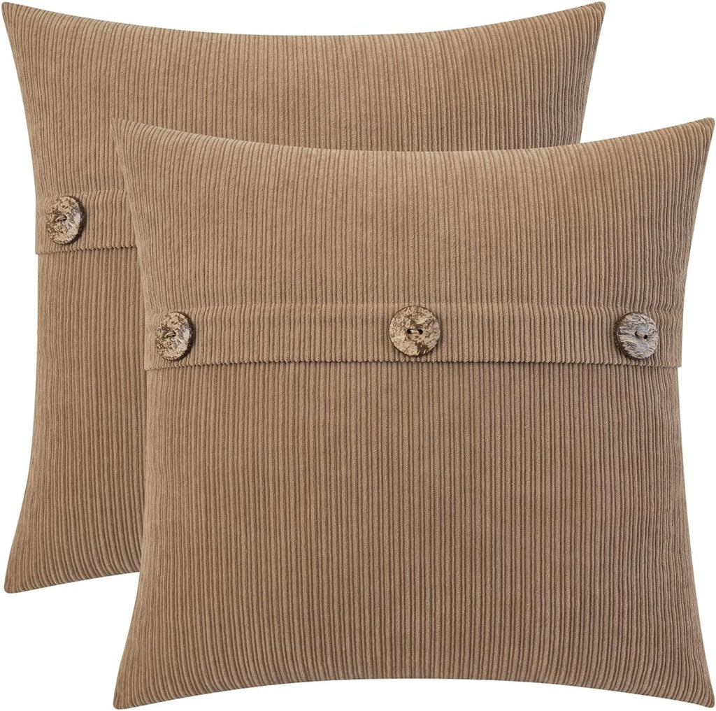 HWY 50 Taupe Chenille Throw Pillow Covers 18x18 Inch with Triple Buttons, Soft Farmhouse Accent Decorative Cushion Cases for Couch Sofa Bed Living Room Pack of 2