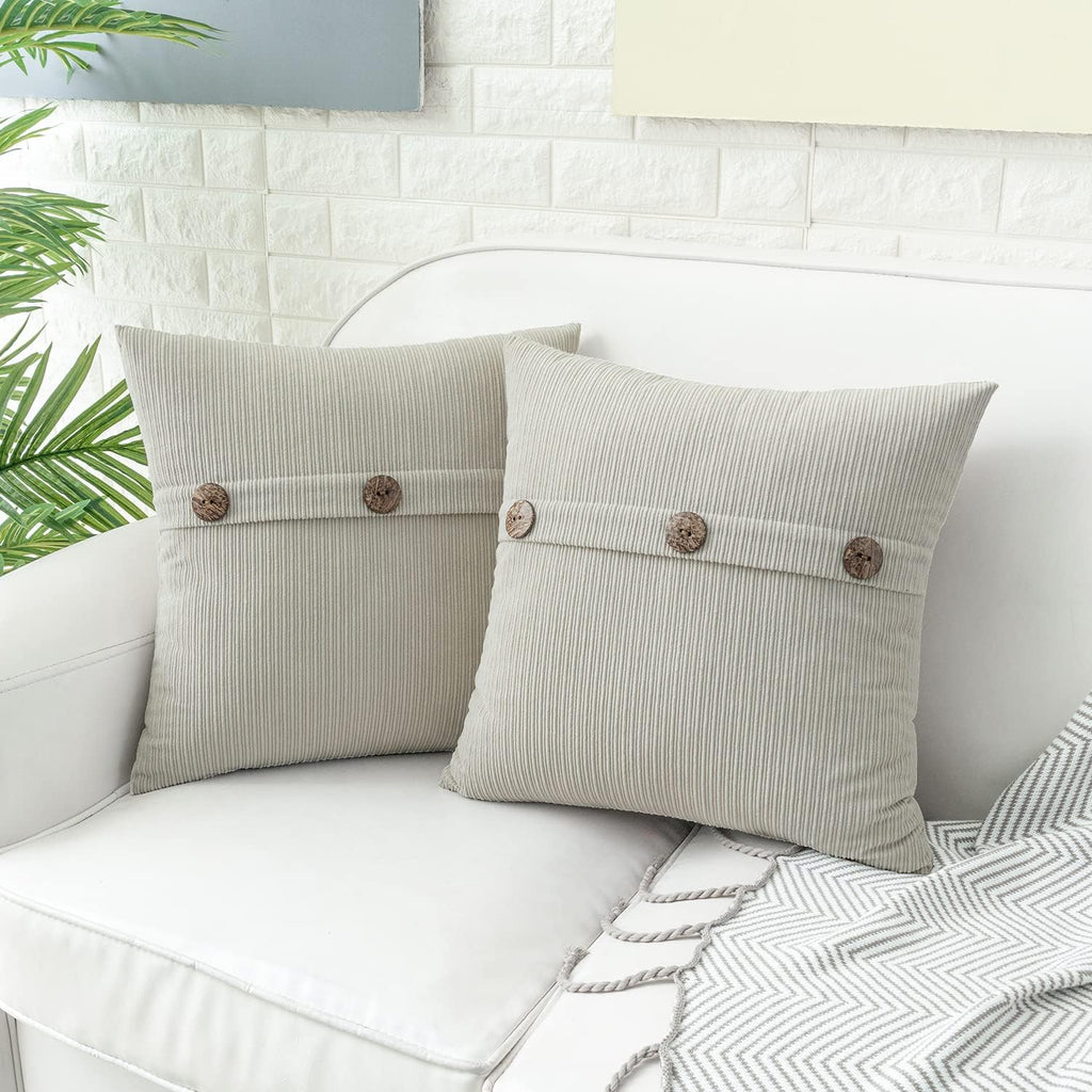 HWY 50 Light Grey Gray Chenille Throw Pillow Covers 18x18 Inch with Triple Buttons, Soft Farmhouse Accent Decorative Cushion Cases for Couch Sofa Bed Living Room Pack of 2