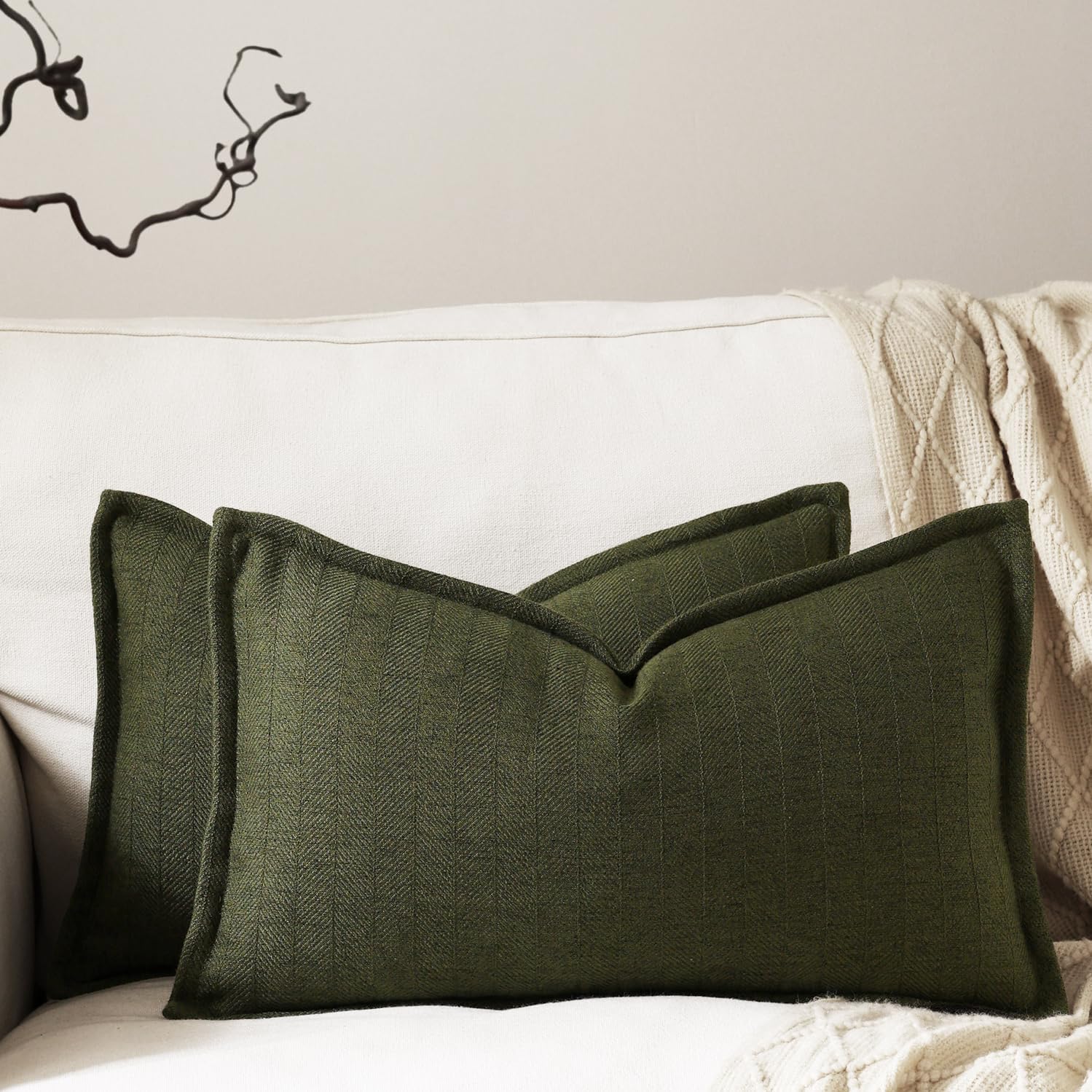 12x20 Linen Pillow Covers Olive Green Pack of 2 Farmhouse Boho Neutral Accents Striped Textured Rectangular Lumbar Decorative Throw Pillow Cases for Living Room Couch Bed Home Decor