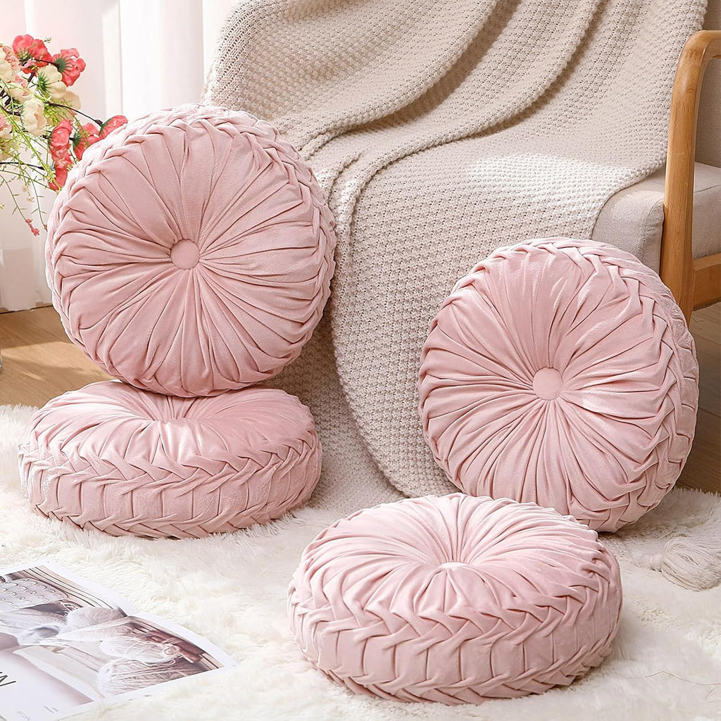 4 Pcs Round Throw Pillows 15 Inch Decorative Velvet Pleated Pumpkin Floor Boho Pillows for Living Room Couch Chair Bed Sofa (Light Pink)
