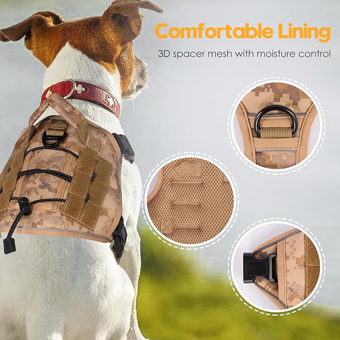 Heavy-Duty Tactical Dog Harness for Large Dogs, No Pull Adjustable Reflective Pet Vest with Molle System, K9 Military-Grade Control for Service Training, Outdoor & 10+ Breeds, Khaki Camo, Medium