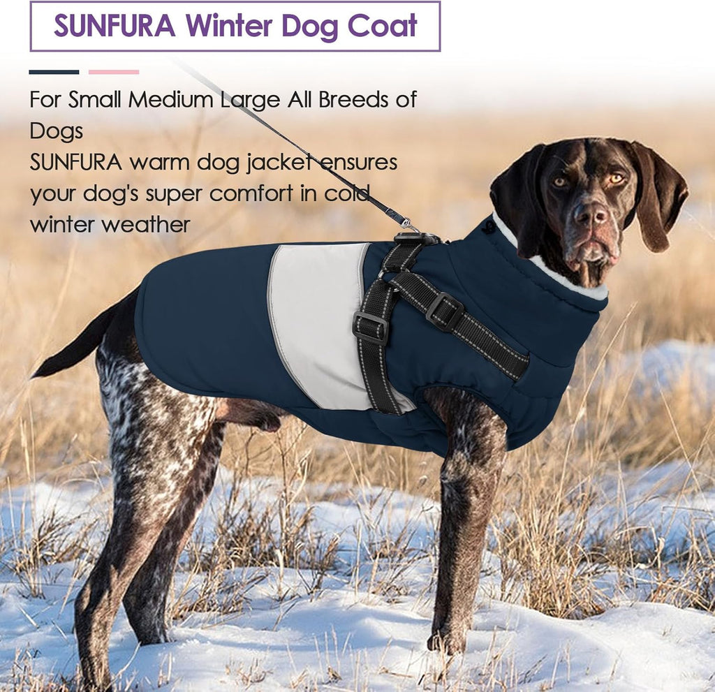SUNFURA Dog Coat for Large Dogs, Warm Pet Jacket Winter with Harness Built in, Waterproof Pet Snow Jacket with Furry Collar, Reflective Fleece Snowsuit for Extra Large Dogs, Navy Blue XL