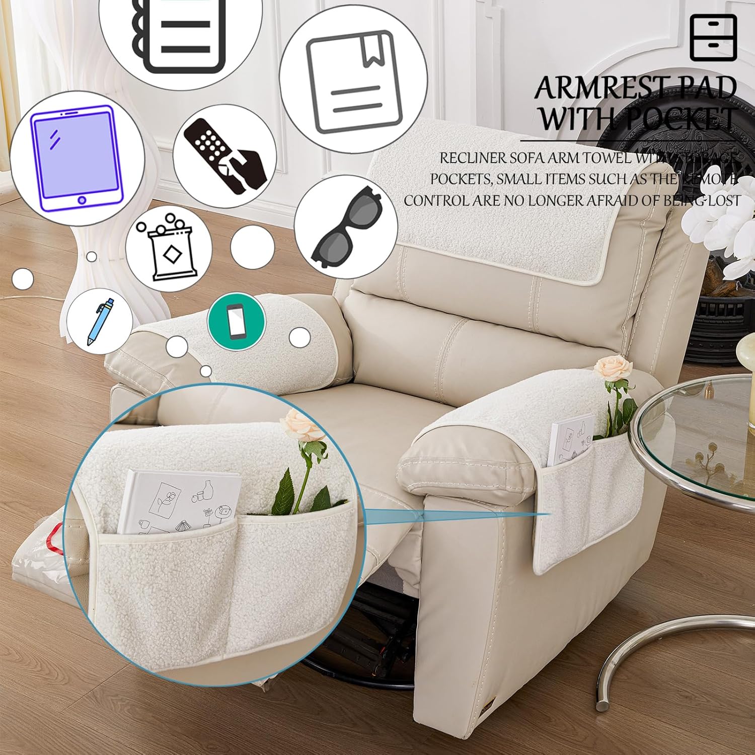 Armrest Cover, Recliner Chair Protector, Furniture Protector Slip, Side Storage Pocket, Stretch Armchair Couch Arm Rest Cover for Recliner, Chair, Sofa (Beige,1 Seater(3pcs))