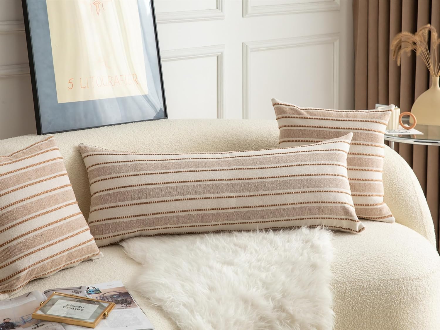 Decorative Boho Lumbar Pillow Covers, Modern Farmhouse Couch Pillowcase, 14 x 36 Long Accent Body Throw Pillow Covers, Sofa Bed Living Room Decor Cushion Case, Brown and Beige, Pack of 1