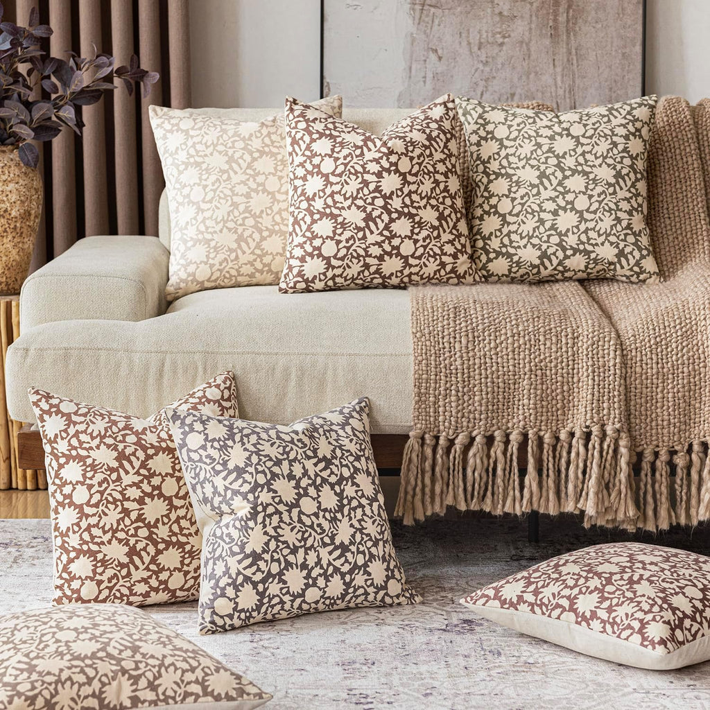 Foindtower Set of 2 Decorative Neutral Floral Throw Pillow Covers Accent Farmhouse Cushion Covers Boho Vintage Pillowcase for Couch Sofa Bedroom Living Room Home Decor,24×24 Inch,Tan