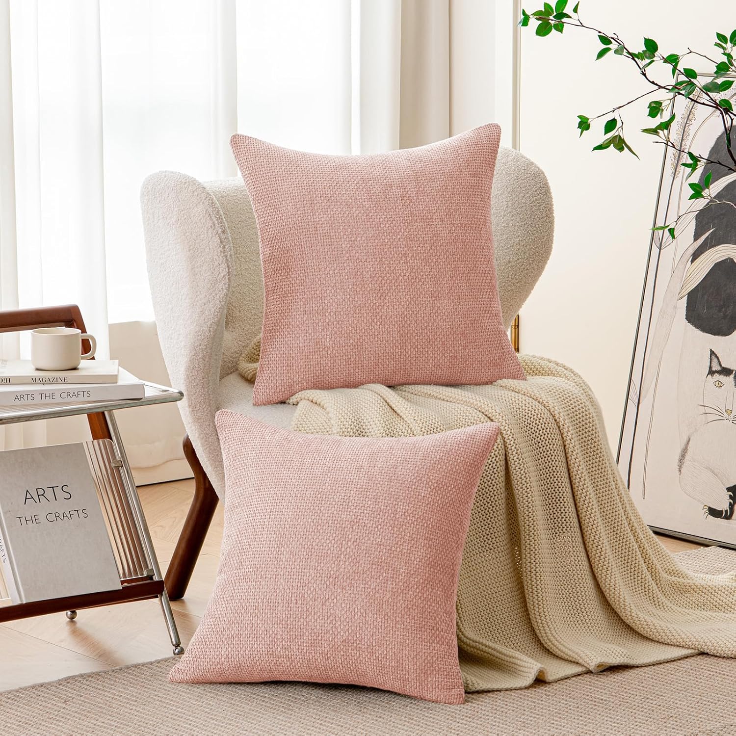 a moment Pink Spring Chenille Throw Pillow Covers 18x18 Inch Pack of 2 Modern Decorative Throw Pillow Covers Farmhouse Cross Covers Home Decor for Sofa Bedroom Living Room