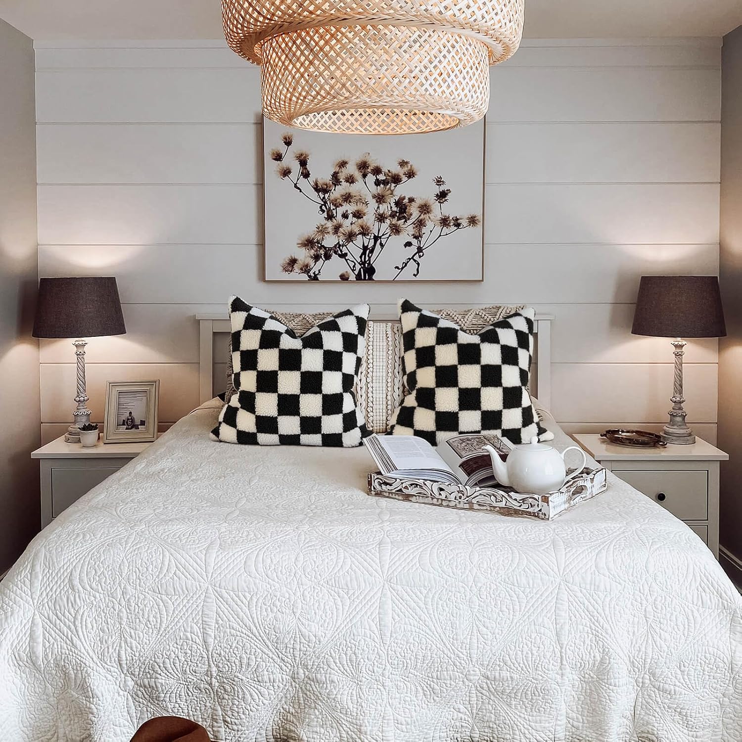 AmHoo Pack of 2 Decorative Throw Pillow Covers Checkerboard Luxury Super Soft Faux Fur Wool Set Case Cushion for Couch Sofa Bedroom 16 x 16-Inch Black