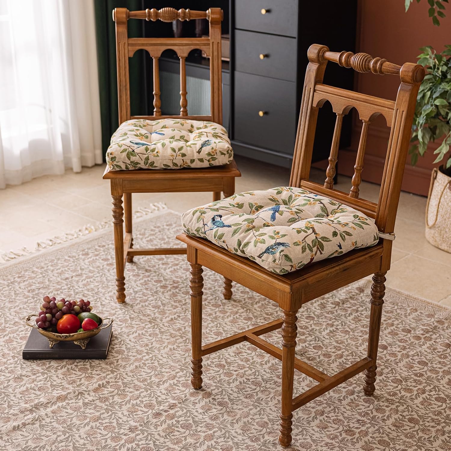 vctops Farmhouse Bird Print Chair Cushions with Ties U-Shaped Soft Comfortable Chair Pads Non Slip Seat Cushions for Indoor Dining Room and Kitchen Chairs (White,16"x16")