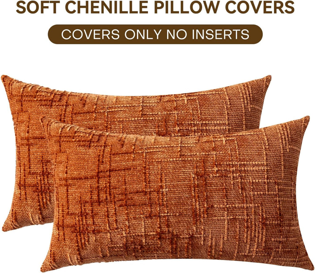 Decorative Throw Pillow Covers 12x20 Inch Set of 2, Soft Solid Farmhouse Chenille Couch Pillows, Spring Pillow Covers for Couch Sofa Bed Living Room Home Decor Pillowcase, Rust
