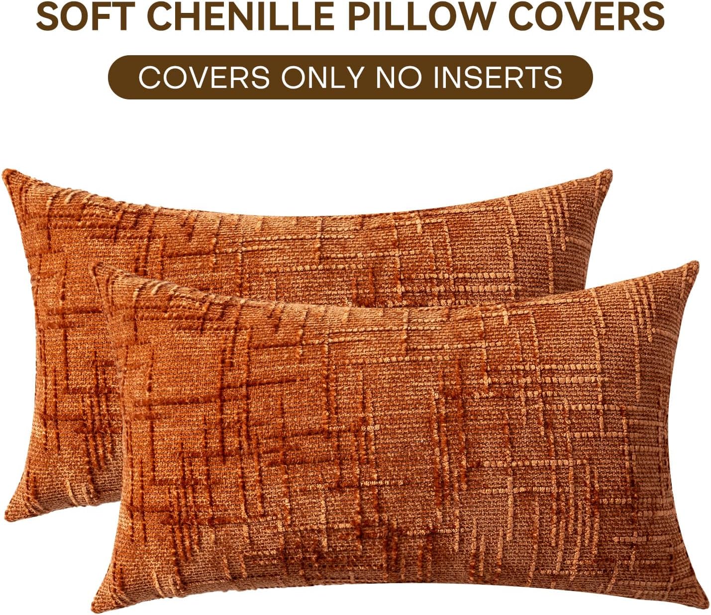 Decorative Throw Pillow Covers 12x20 Inch Set of 2, Soft Solid Farmhouse Chenille Couch Pillows, Spring Pillow Covers for Couch Sofa Bed Living Room Home Decor Pillowcase, Rust