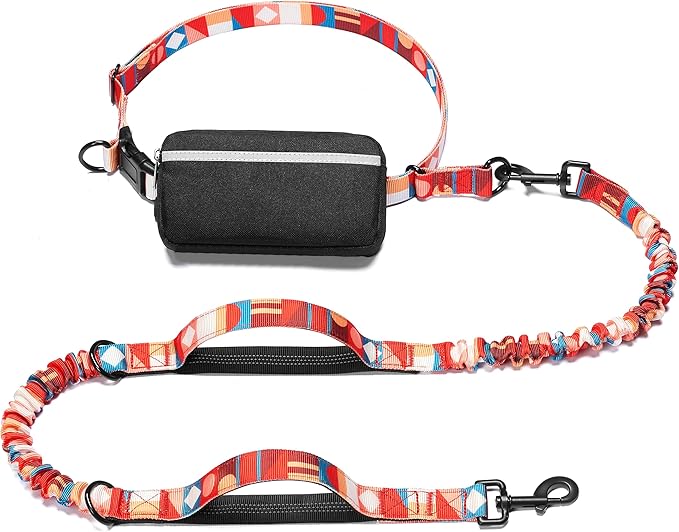 iYoShop Hands Free Dog Leash with Zipper Pouch, Dual Padded Handles and Durable Bungee for Walking, Jogging and Running Your Dog (Colorful Geometric, Large)