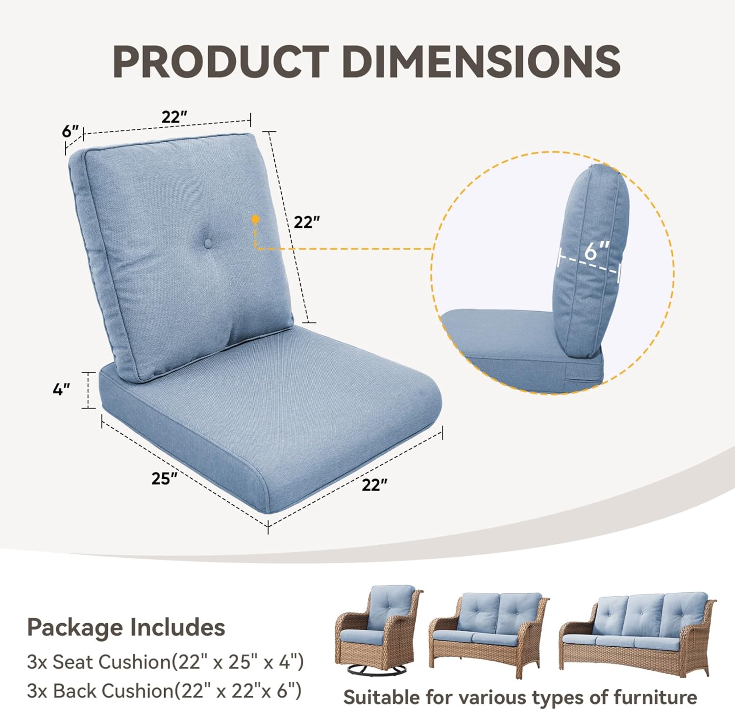 Patio Cushions for Outdoor Furniture - 22" x 25" x 4" UV Resistant Thick Foam Cushions Water Resistant Replacement Cushion for Outdoor Patio Furniture Chair/Sofa/Couch | Baby Blue | 3-Pack |