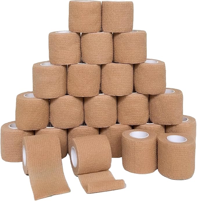 24 Rolls Self Adhesive Bandage Wrap, Vet Wrap 2 Inch, Dogs Bandages for Wounds Care Dressings, Elastic Self Stick Cohesive Bandage Wrap, Leg Wraps, Wrist Tape, Ankle, Sports, Tatto Grip Tape(Brown)