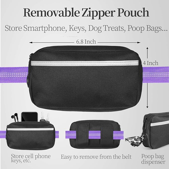 iYoShop Hands Free Dog Leash with Zipper Pouch, Dual Padded Handles and Durable Bungee for Walking, Jogging and Running Your Dog (Large, 25-120 lbs, Purple)