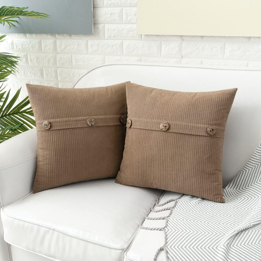 HWY 50 Taupe Chenille Throw Pillow Covers 18x18 Inch with Triple Buttons, Soft Farmhouse Accent Decorative Cushion Cases for Couch Sofa Bed Living Room Pack of 2